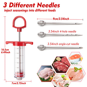 Meat Injector, TGE-V 1-oz Plastic BBQ Marinade Injector Kit, Turkey Injector Syringe (3 Stainless Steel Meat Needles +3 Replacement O Rings + 1 Cleaning Brush) for Turkey Smoked BBQ Grill