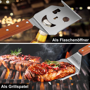 7 in 1 grillspachtel für Barbecue Grill, Multifunktion Grillbesteck mit Holzgriff, Eingebaute grillbesteck-set-Funktion,Kreativer Grillwender, Einzigartige Grillwerkzeuge, Grillen Geschenke für Männer